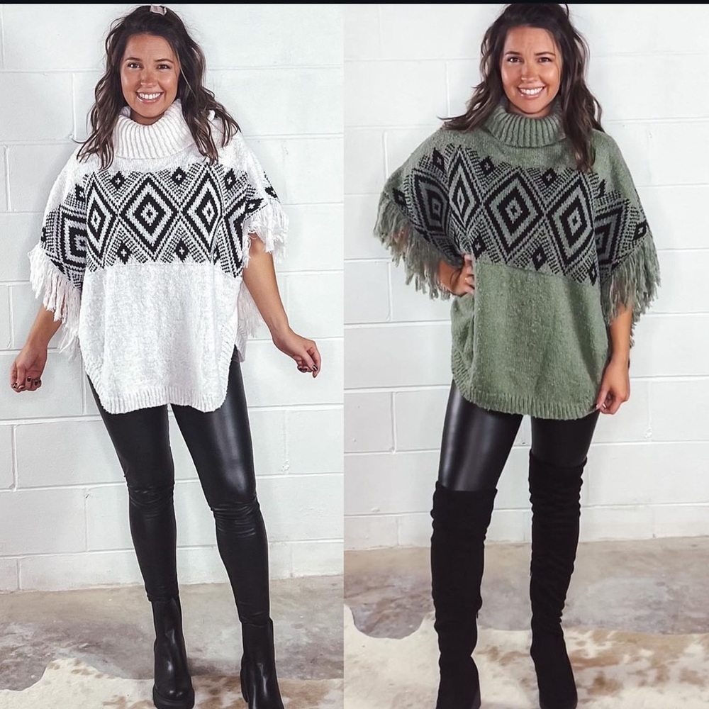 Boho Boutique Chunky Green Aztec Patterned Cowl Neck Fringe Trim Poncho Sweater